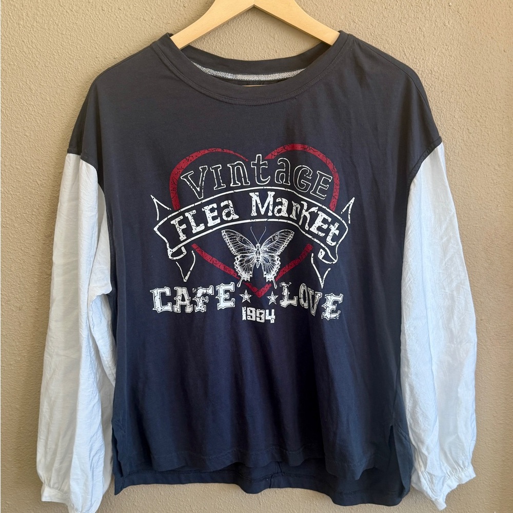 Anthropologie Charcoal/Blue Graphic Long-Sleeve Tee with White Sleeves - Picture 2 of 6